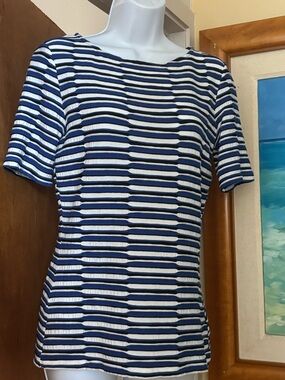 St John Sport Navy & White Striped Textured Top Petite